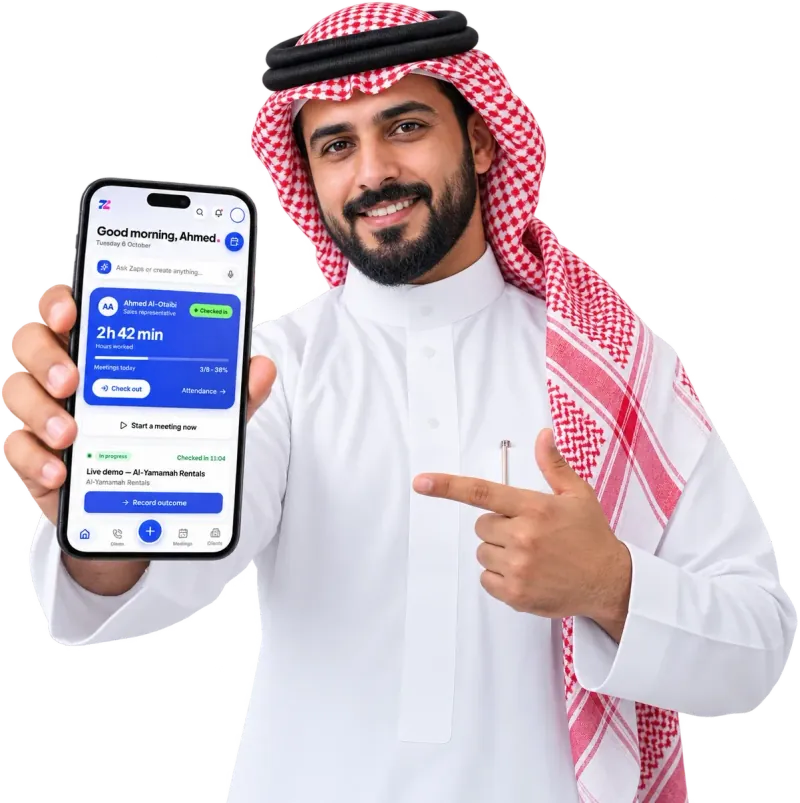 مندوب مبيعات يشير إلى تطبيق Zaps على جواله