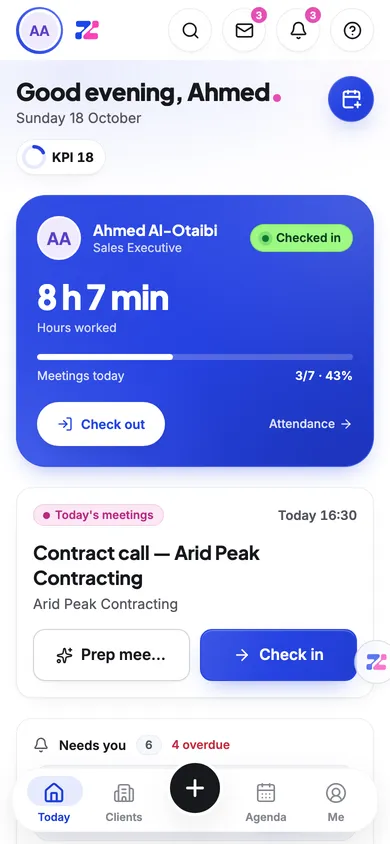 Zaps mobile app, Today: greeting, hours worked, meetings and what needs you