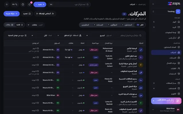 الشركات في بوابة Zaps: تبويبات دورة الحياة وقوة العلاقة والمسؤول وآخر تواصل