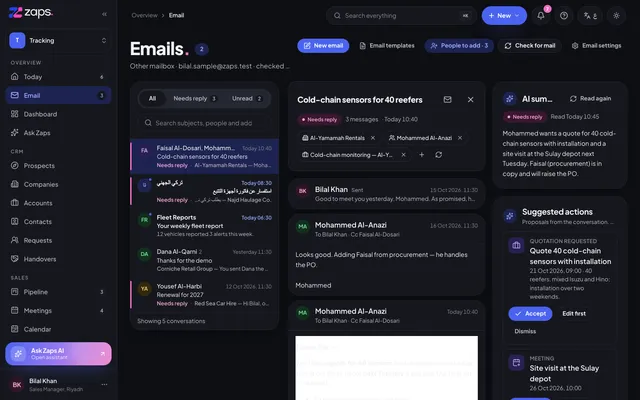 Zaps email inbox with a reading pane, AI summary and suggested actions
