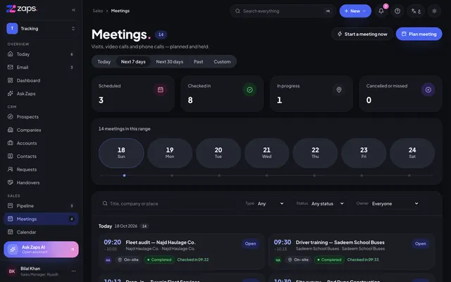 Meetings agenda in the Zaps portal